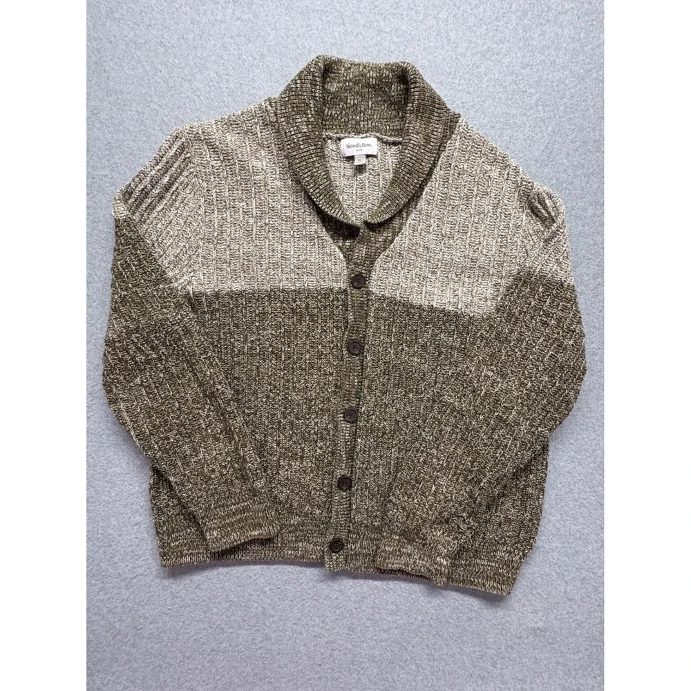 Goodfellow & Co Mens XL Shawl Collar Cardigan Sweater Green Beige Knit